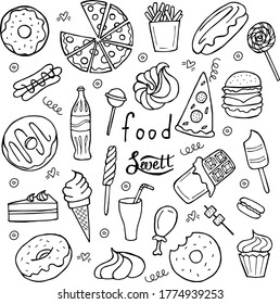 
set of fast food illustration in doodle style black and white hand-drawn