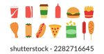 Set of fast food illustration. Flat design vector illustration. Fast food restaurant. Fast food menu. Snacks, burger, hamburger, taco, hot dog, fried chicken, burrito, pizza, french fries.