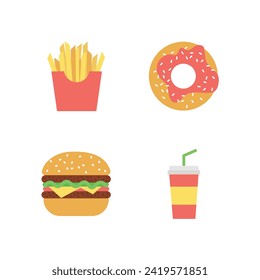 Set of fast food illustration. Flat design vector illustration. Fast food restaurant. Fast food menu. Soda, burger, fries and donut.
