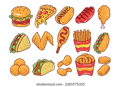 Set of fast food illustration. Hand-drawn vector illustration. Fast food restaurant. Fast food menu. Snacks, burger, hamburger, taco, hot dog, fried chicken, burrito, pizza, french fries, onion ring.