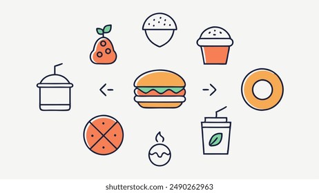 Set with fast food illustration. Sketch vector illustration. Fast food restaurant, fast food menu. Hamburger, hot dog, sandwich, snacks, waffles, pizza, french fries, ice cream, donuts, burger, sauce