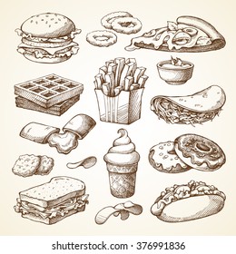 Set with fast food illustration. Sketch vector illustration. Fast food restaurant, fast food menu. Hamburger, hot dog, sandwich, snacks, waffles, pizza, french fries, ice cream, donuts, burger, sauce