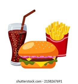A set of fast food illustrations: burger, lemonade and French fries. Traditional takeaway food in a fast food chain cafe. Vector illustrations on a white background.