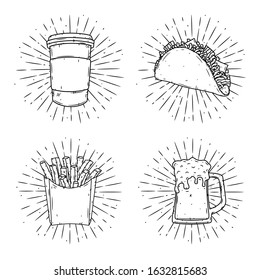 Set of fast food illustrations - coffee cup, taco, french fries and glass of beer