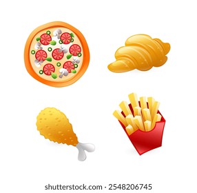 Set of fast food illustrations, fried wings, pizza, croissant, french fries, realistic in 3d style.