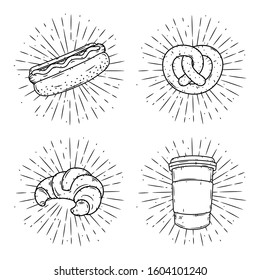Set of fast food illustrations - hot dog, pretzel, croissant and coffee 