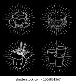 Set of fast food illustrations - mug of coffee, burger, wok box and coffee cups