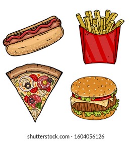 Set of fast food illustrations-hamburger, hotdog, French fries and slice of pizza