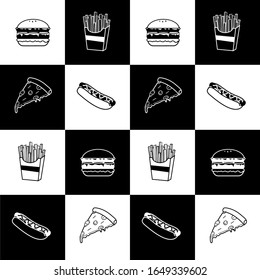 Set of fast food isolated vector line art illustration black and white, hamberger, hotdog, french fries, pizza cartoon icon