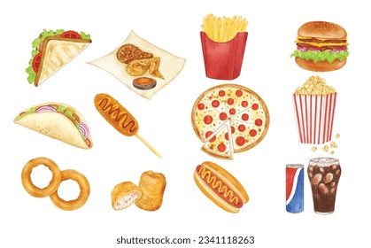set of Fast food Isolated vector watercolor