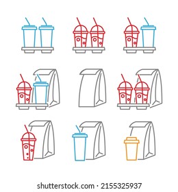 set of fast food items. Empty outline, flat style.