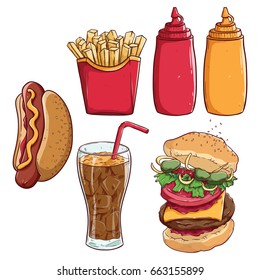 set of fast food or junk food with french fries, burger, soda and hotdog using doodle art with color on white background