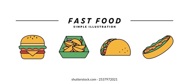 Conjunto de iconos de ilustración de comida chatarra de comida rápida. Ilustraciones de hamburguesas, papas fritas, tacos, perros calientes, refrigerios y comidas.