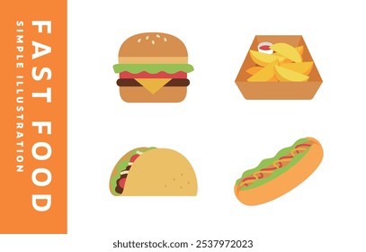 Conjunto de iconos de ilustración de comida chatarra de comida rápida. Ilustraciones de hamburguesas, papas fritas, tacos, perros calientes, refrigerios y comidas.