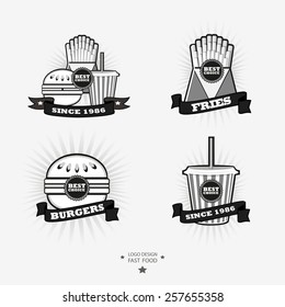 Set of fast food, junk food logos with ribbon. Fries, burger, drinks.