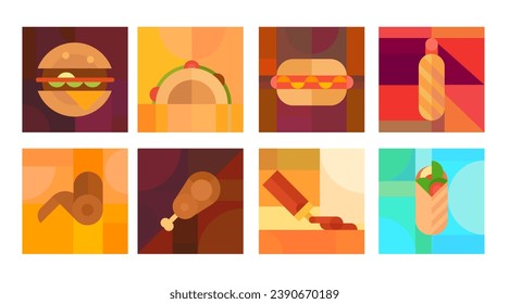 Set fast food, junk snack background for cover, card, menu, flyer in geometric style. Burger, tacos, hot dog, fried chicken, ketchup, shawarma. Vector illustration.