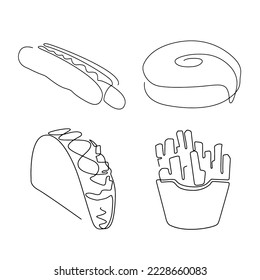 set of fast food line art and continuous line concept. for logo design. hotdog, donut, taco, chips