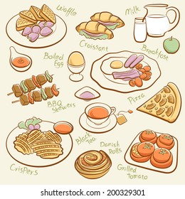 Set of fast food. Line drawing of morning tea.