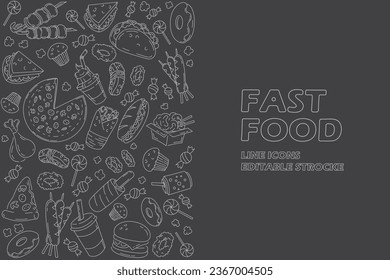 Set of fast food line icons doodles on black. menu or food package design. Vector illustration. Editable strocke