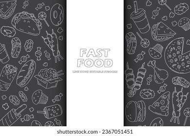 Set of fast food line icons doodles on black. menu or food package design. Vector illustration. Editable strocke