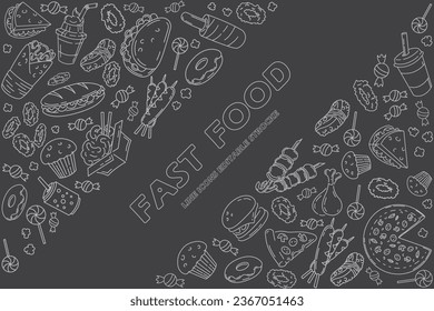 Set of fast food line icons doodles on black. menu or food package design. Vector illustration. Editable strocke