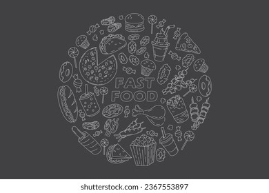 Set of fast food line icons doodles on black. menu or food package design. Vector illustration. Editable strocke