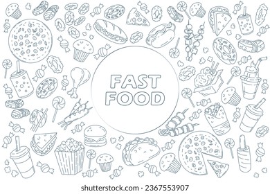 Set of fast food line icons doodles on white. menu or food package design. Vector illustration. Editable strocke