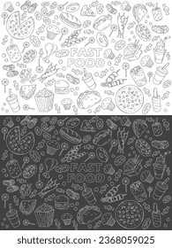Set of fast food line icons doodles on white and black . menu or food package design. Vector illustration. Editable strocke