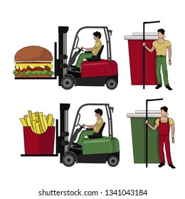 Set of  Fast food with a little men.  Lift truck carries a cheeseburger and Potatoes French Fries .  Cartoon illustration. Colorful Fast food vector isolated on white background. 