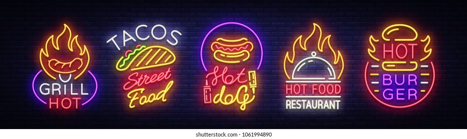 Set Fast Food Logos. Collection neon signs, Street Food Hot Grill, Tacos, Hot Dog, Burger cafe, Restaurant. Design elements for food, neon banner, bright neon advertising. Vector illustration