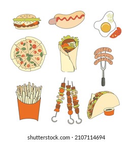 A set of fast food lunch dishes. Classic burger, package of French fries, fried crispy chicken leg, barbecue, grilled sausages, donut, croissant and hot dog