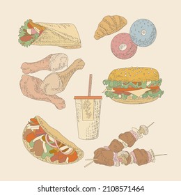 A set of fast food lunch dishes. Classic burger, package of French fries, fried crispy chicken leg, barbecue, grilled sausages, donut, croissant, hot dog and drink. Sketch of the engraving food