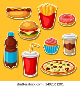 Set of fast food meal. Tasty fastfood lunch collection.