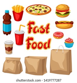Set of fast food meal. Tasty fastfood lunch collection.
