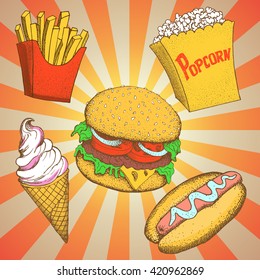 Set with fast food meals .Cartoon vector illustration. Hamburger, hot dog, popcorn,sandwich,french fries,potato, ice cream.Pop-art style 