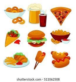 Set of fast food meals. Collection of cartoon snack icons burger and sausage, french fries and hot dog, cola and beer, pizza and bagels. Vector illustration isolated on white.