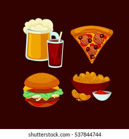 Set of fast food meals. Collection of cartoon snack icons burger and sausage, french fries and hot dog, cola and beer, pizza and bagels. Vector illustration isolated on white.