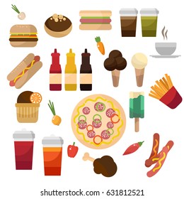 A set of fast food meals icons on white background
