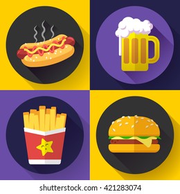 Set of fast food menu and beer icons. Flat design style
