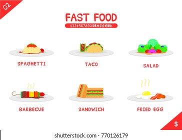 Set of fast food menu spaghetti taco  salad barbecue sandwich and fried egg, Flat vector isolated  icon on white background, Name number and money symbols, Colorful cartooning style, stylized icon