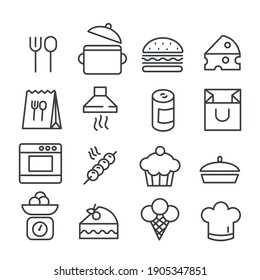 Set Of Fast Food In Minimal Icon. Cooking Concept. Modern Outline On White Background