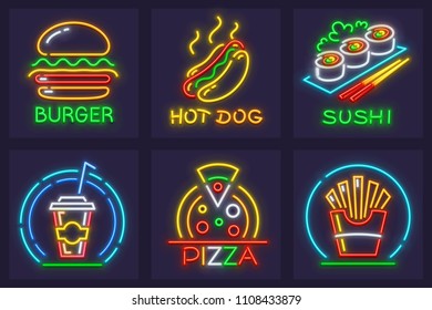 Set of fast food neon icons. Hamburger, hot dog, italian pizza, japanese sushi, french-fried potatoes and cola beverage in paper cup. EPS10 vector illustration.