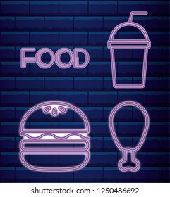 set fast food neon light label