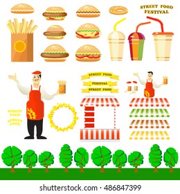 Set of fast food objects for your design. Vector design elements for a Street Food Festival. Vector illustration of burger street cart with seller, hamburger, potato fries, hot dog, drink.