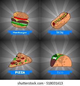 Set of fast food on retro backgrounds, Vector illustration