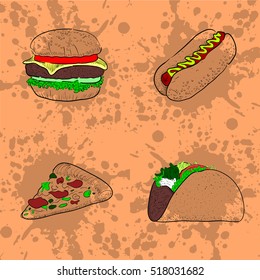 Set of fast food on a retro background, Vector illustration