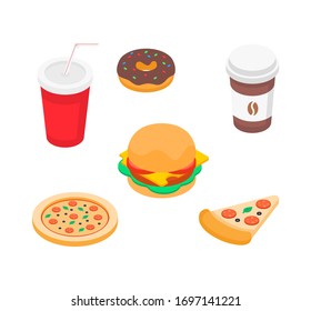 Set of fast food on a white background. The collection of icons includes: donut, burger, pizza, coffee and soda in plastic cups, donut with chocolate icing. Vector isometric objects for culinary theme