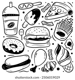 Conjunto de dibujo de Doodle de contorno de comida rápida. Ilustración de comida chatarra en blanco y negro