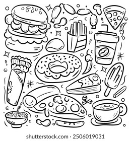 Conjunto de dibujo de Doodle de contorno de comida rápida. Ilustración de comida chatarra en blanco y negro