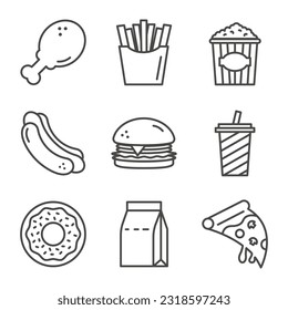 Set of Fast Food Outline Icon. Hot Dog, Doughnut, Hamburger, Pop Corn, Pizza, French Fries, and More. Editable Stroke. Vector Eps 10